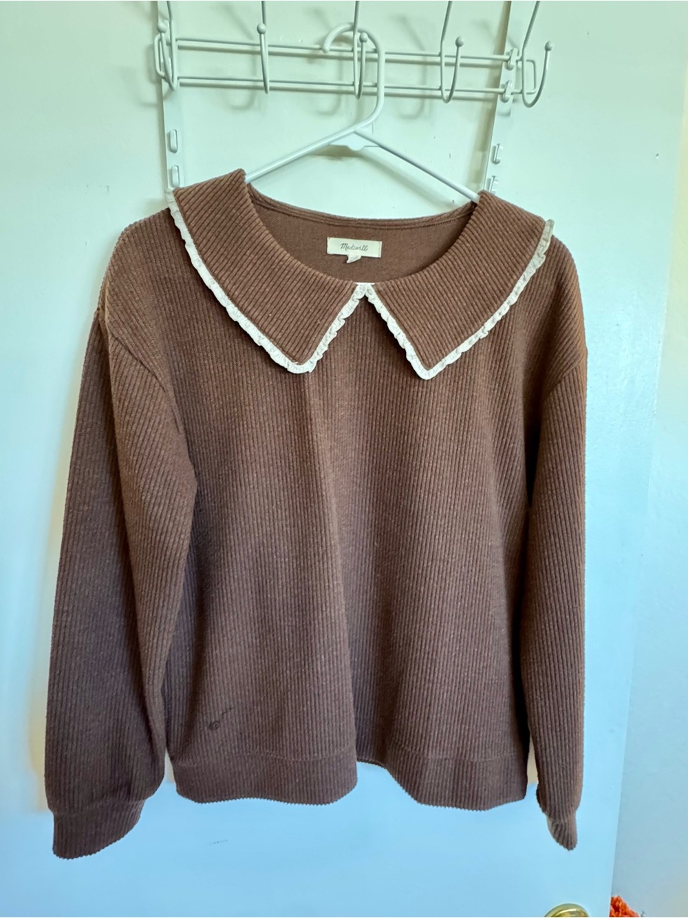 Madewell Brown Ribbed Sweater with Lace Collar